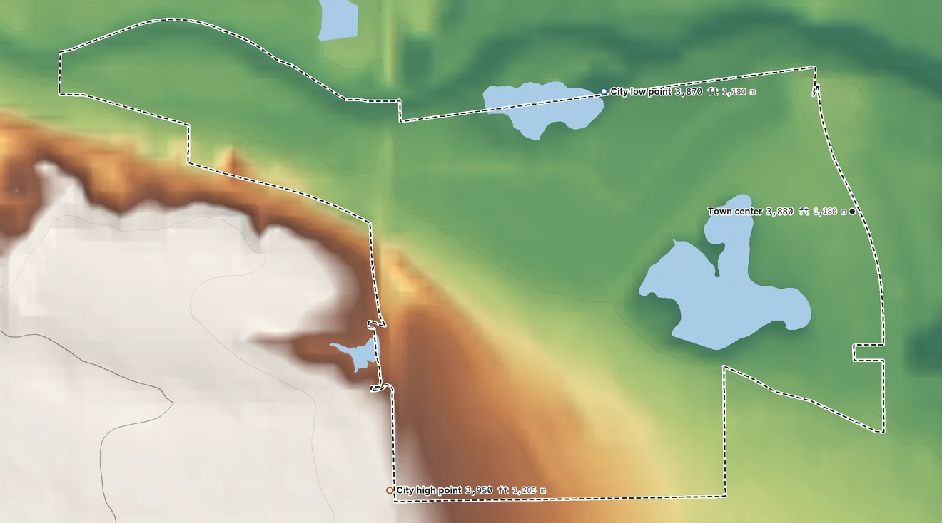 Topographic elevation map of Terrytown, Nebraska, shaded from 3,870 ft on the northwest side to 3,950 ft at the foot of the Wildcat Hills