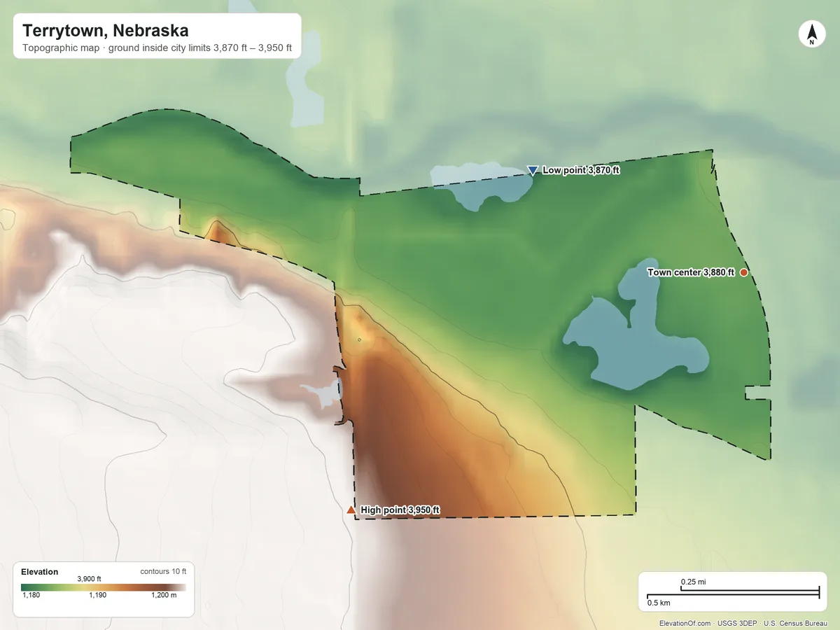 Topographic elevation map of Terrytown, Nebraska, shaded from 3,870 ft on the northwest side to 3,950 ft at the foot of the Wildcat Hills