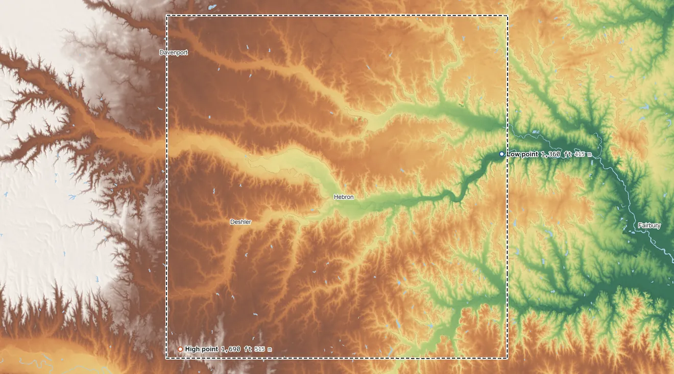 Topographic elevation map of Thayer County, Nebraska, shaded from 1,360 ft on the east side to 1,690 ft on the southwest side