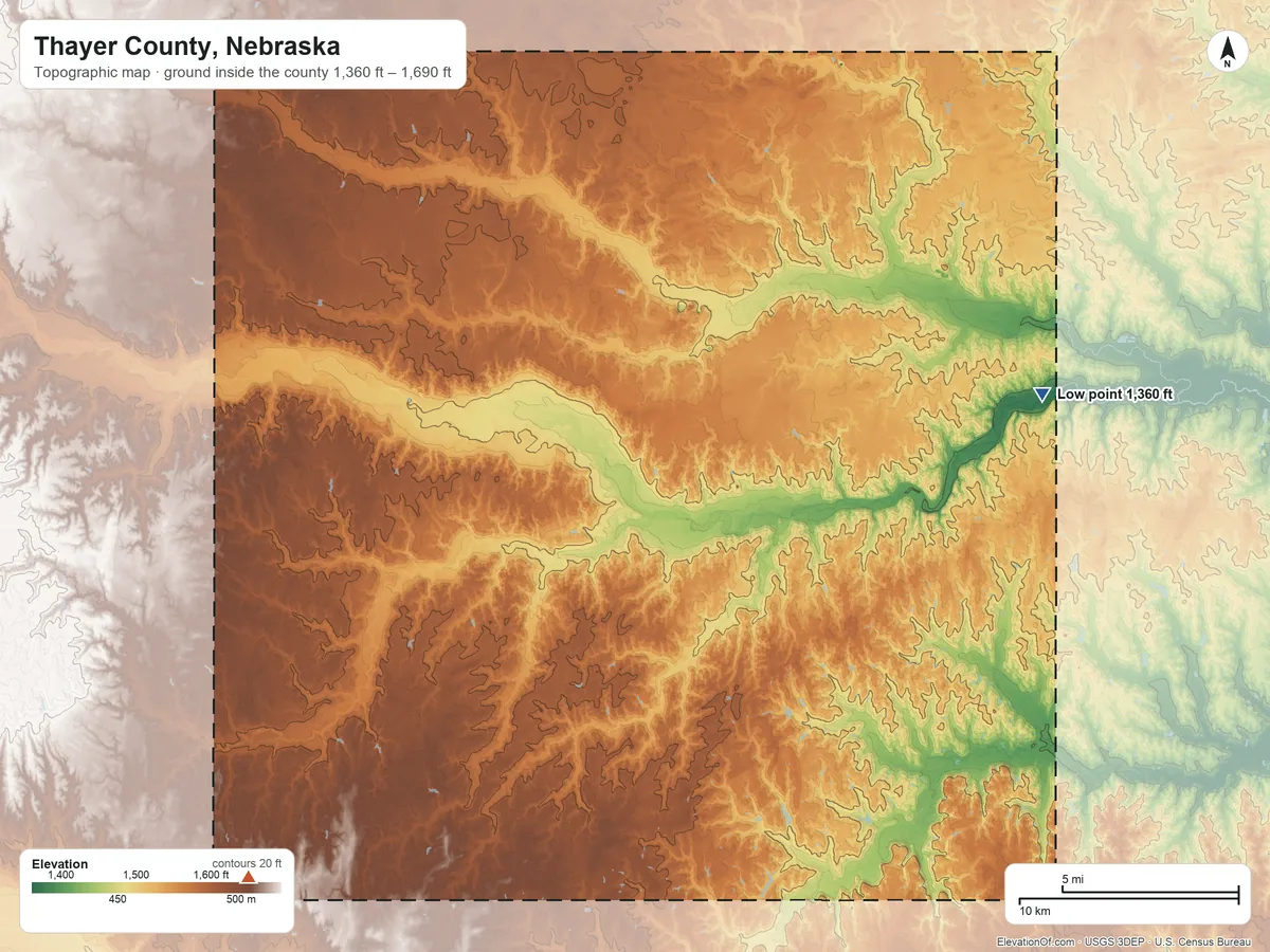 Topographic elevation map of Thayer County, Nebraska, shaded from 1,360 ft on the east side to 1,690 ft on the southwest side