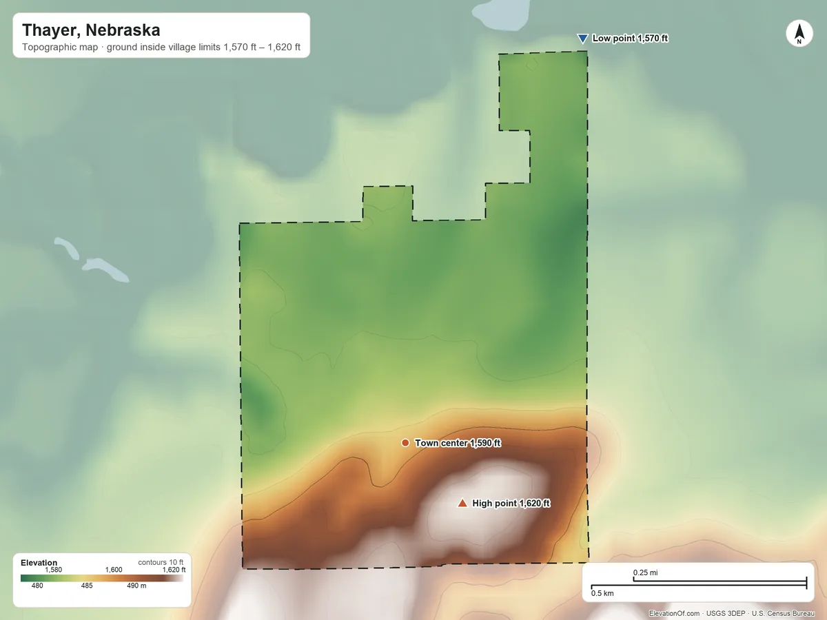 Topographic elevation map of Thayer, Nebraska, shaded from 1,570 ft on the northeast side to 1,620 ft on the southeast side
