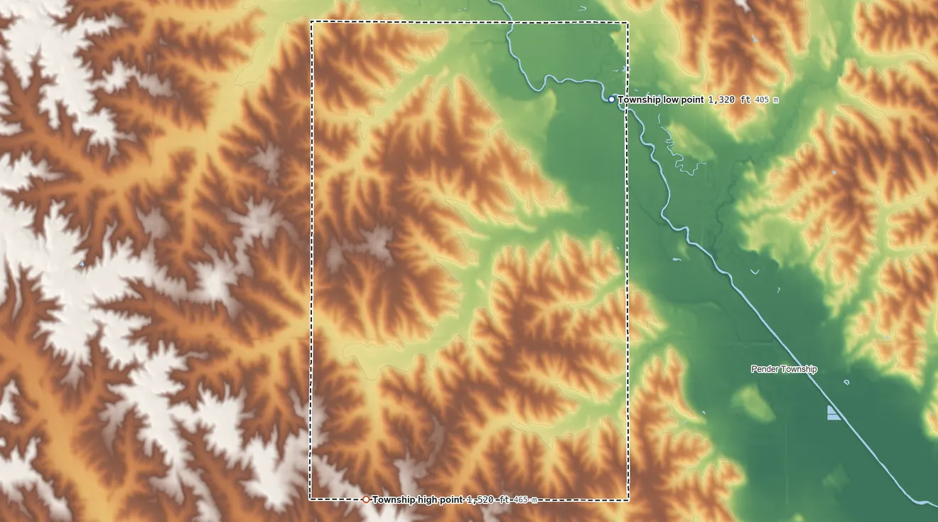 Topographic elevation map of Thayer Township, Nebraska, shaded from 1,320 ft on the northeast side to 1,520 ft on the southwest side
