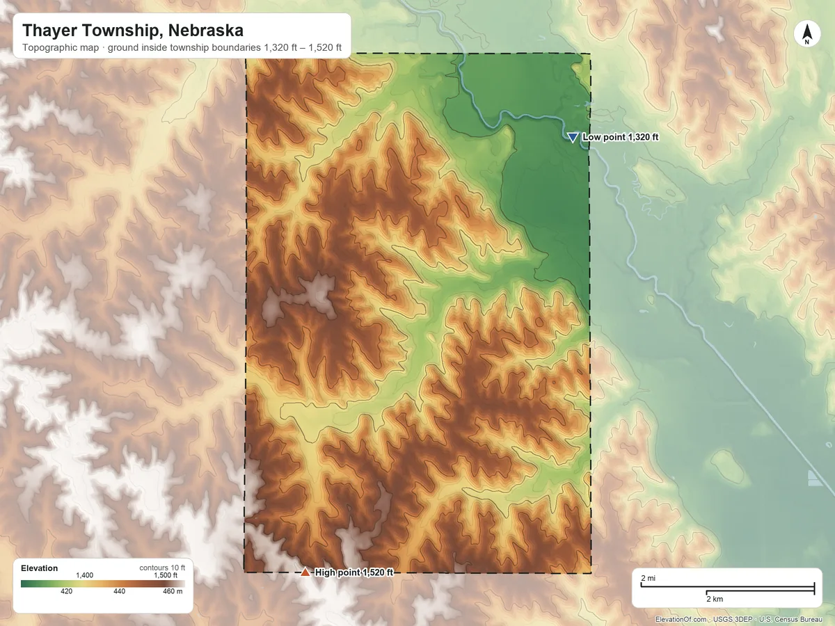 Topographic elevation map of Thayer Township, Nebraska, shaded from 1,320 ft on the northeast side to 1,520 ft on the southwest side