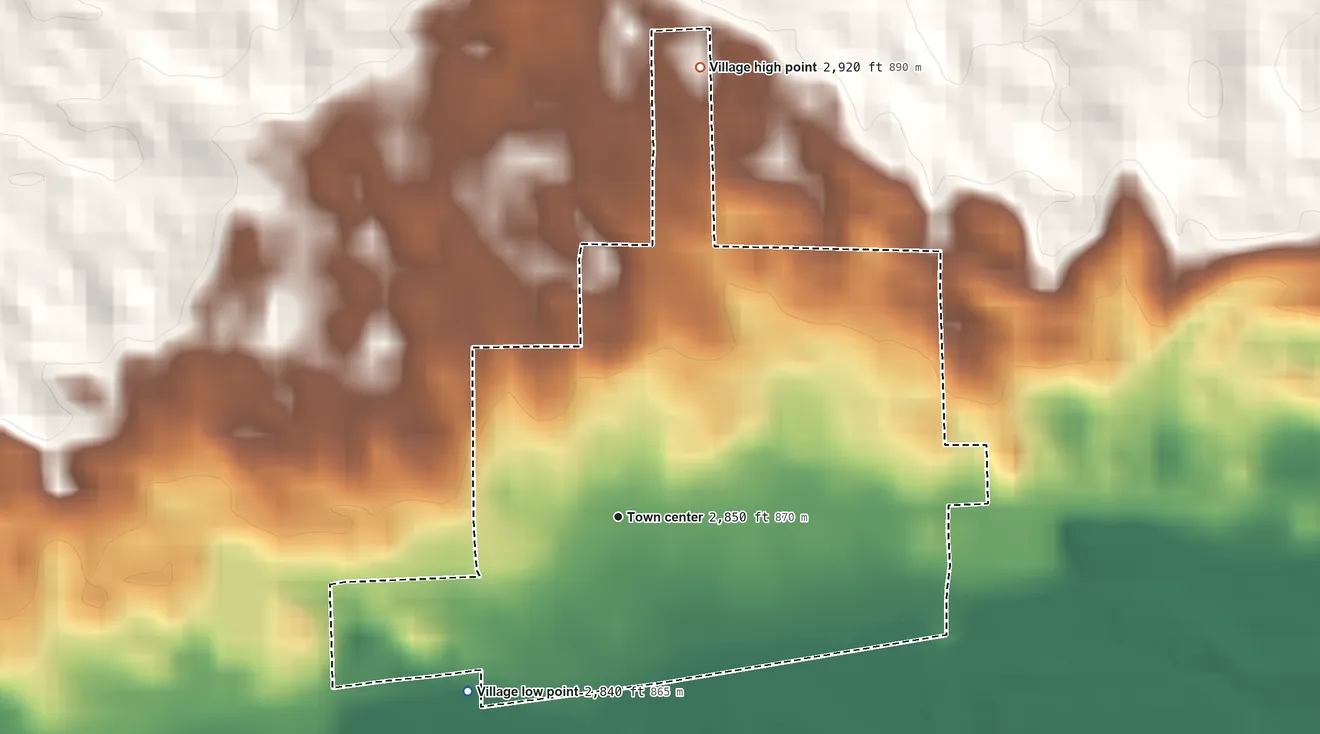 Topographic elevation map of Thedford, Nebraska, shaded from 2,840 ft on the southwest side to 2,920 ft on the north side