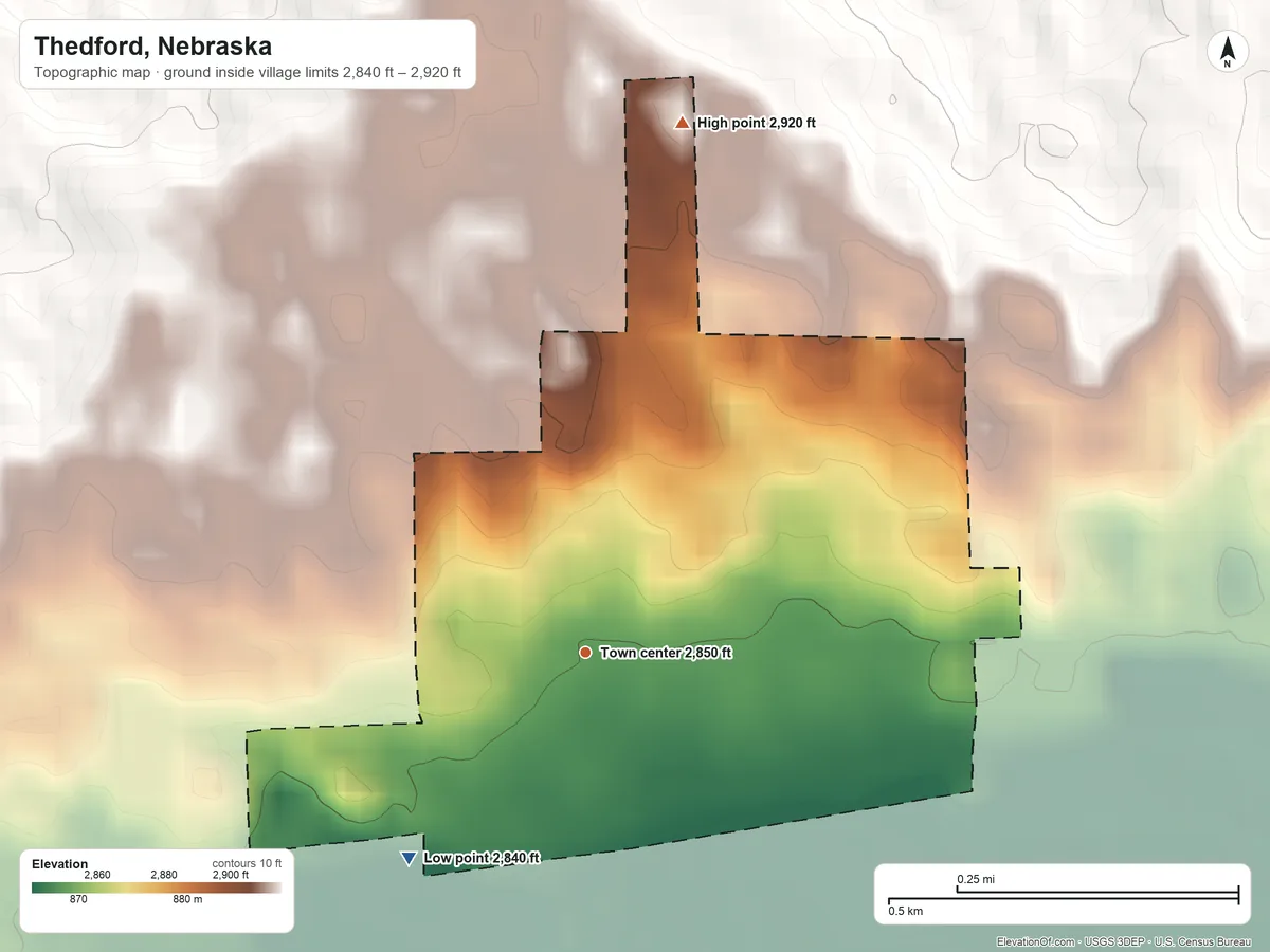 Topographic elevation map of Thedford, Nebraska, shaded from 2,840 ft on the southwest side to 2,920 ft on the north side