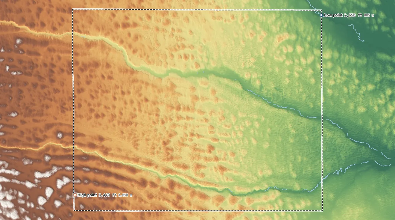 Topographic elevation map of Thomas County, Nebraska, shaded from 2,650 ft on the northeast side to 3,440 ft on the southwest side