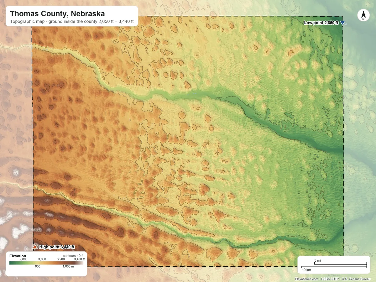 Topographic elevation map of Thomas County, Nebraska, shaded from 2,650 ft on the northeast side to 3,440 ft on the southwest side