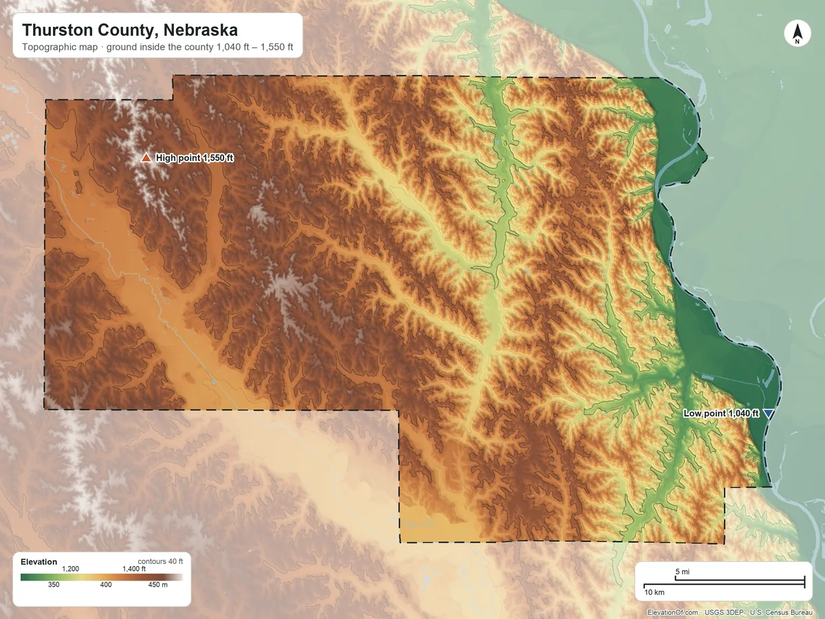 Topographic elevation map of Thurston County, Nebraska, shaded from 1,040 ft on the east side to 1,550 ft on the northwest side