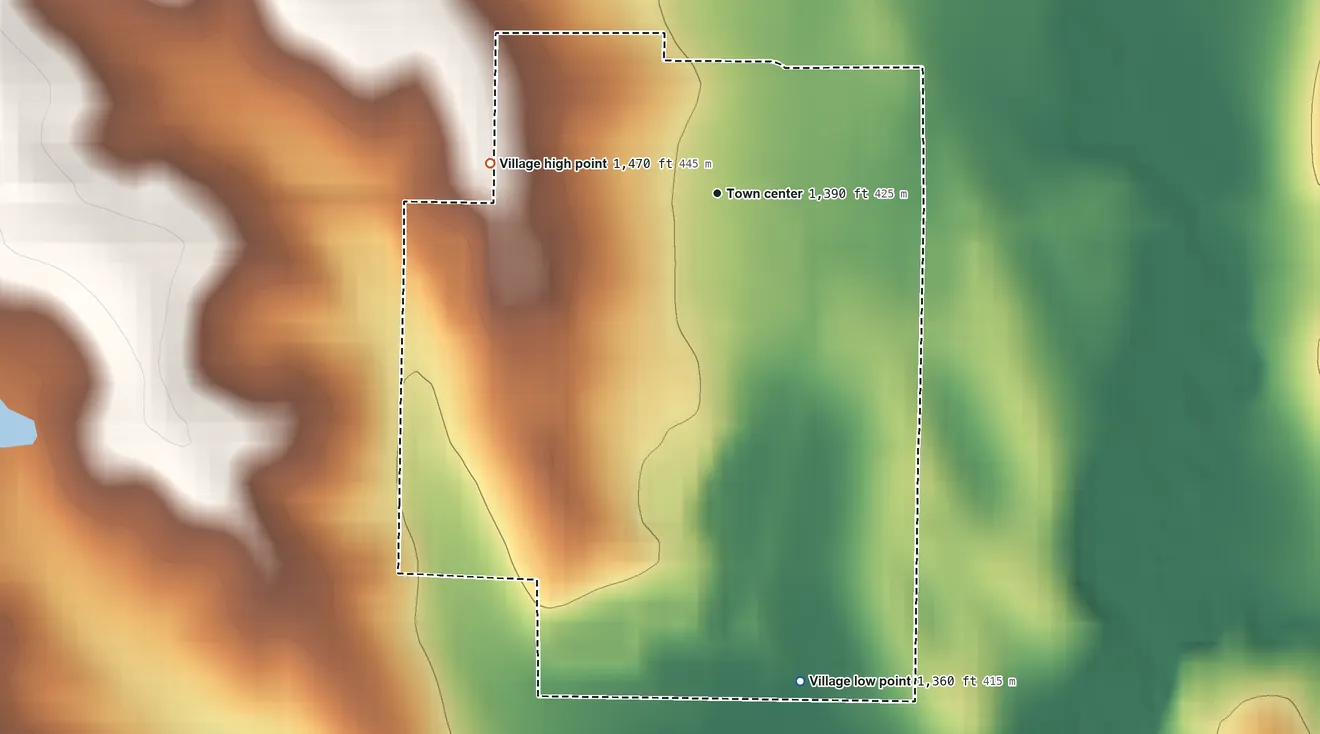 Topographic elevation map of Thurston, Nebraska, shaded from 1,360 ft on the south side to 1,470 ft on the west side