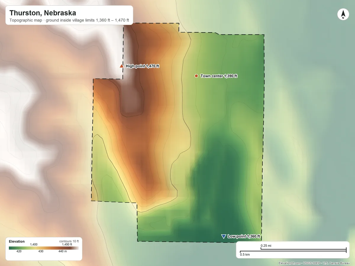 Topographic elevation map of Thurston, Nebraska, shaded from 1,360 ft on the south side to 1,470 ft on the west side