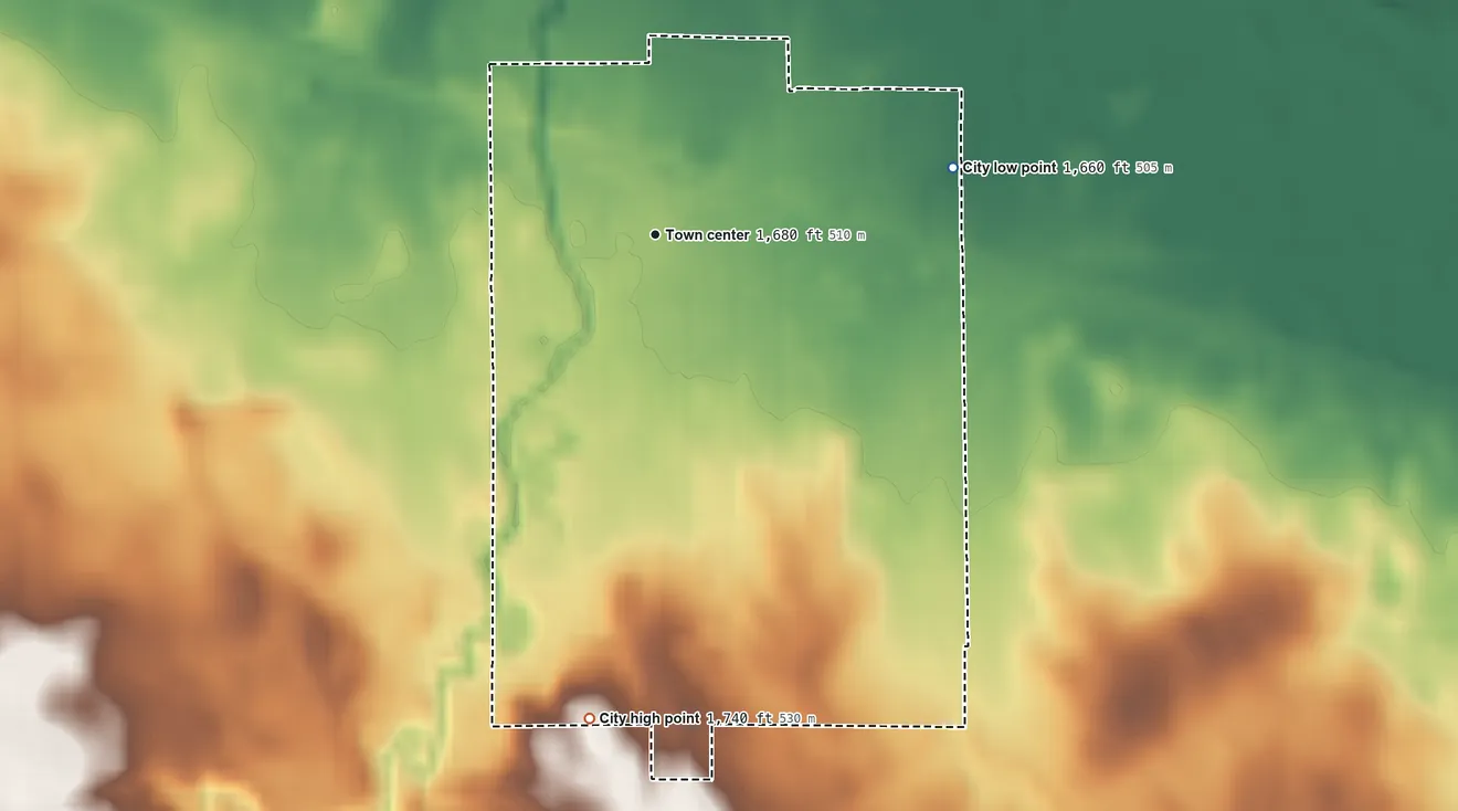 Topographic elevation map of Tilden, Nebraska, shaded from 1,660 ft on the east side to 1,740 ft on the south side