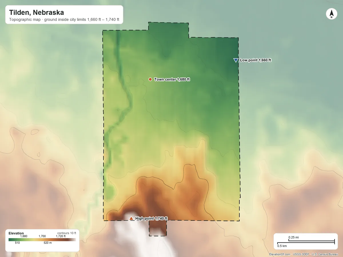 Topographic elevation map of Tilden, Nebraska, shaded from 1,660 ft on the east side to 1,740 ft on the south side