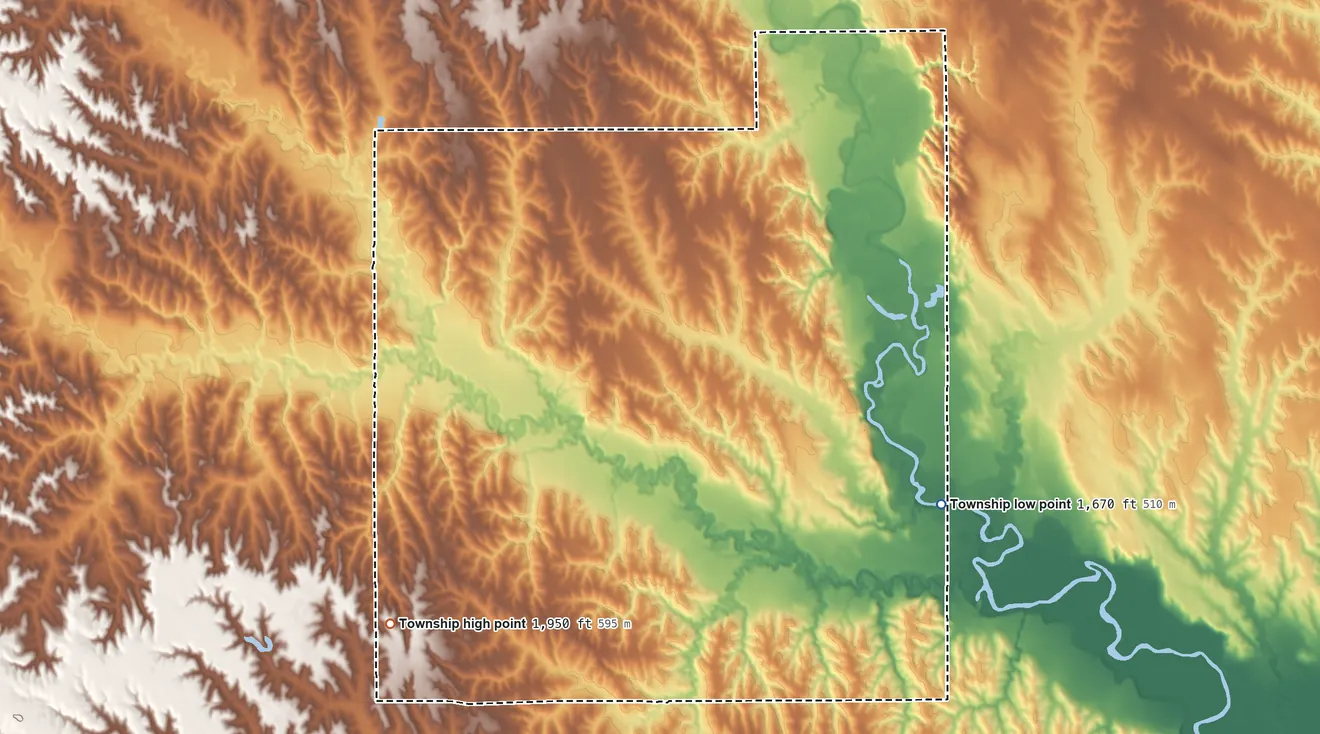 Topographic elevation map of Timber Creek Township, Nebraska, shaded from 1,670 ft on the southeast side to 1,950 ft on the southwest side