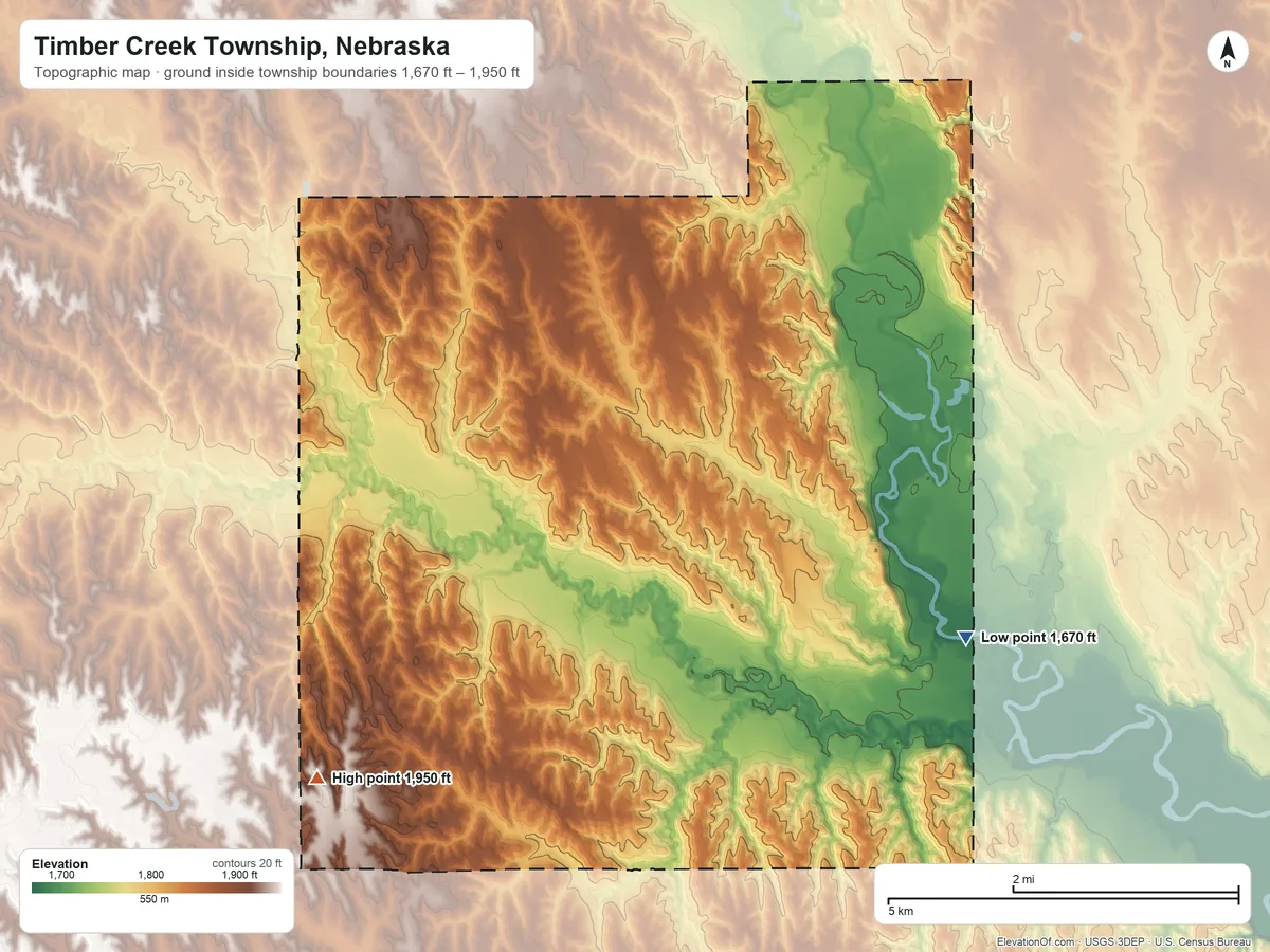Topographic elevation map of Timber Creek Township, Nebraska, shaded from 1,670 ft on the southeast side to 1,950 ft on the southwest side