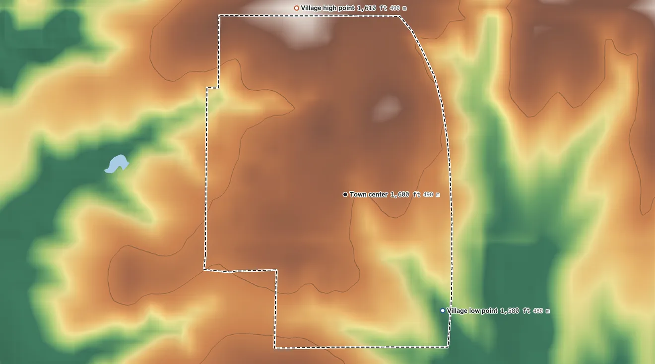 Topographic elevation map of Tobias, Nebraska, shaded from 1,580 ft on the southeast side to 1,610 ft on the north side