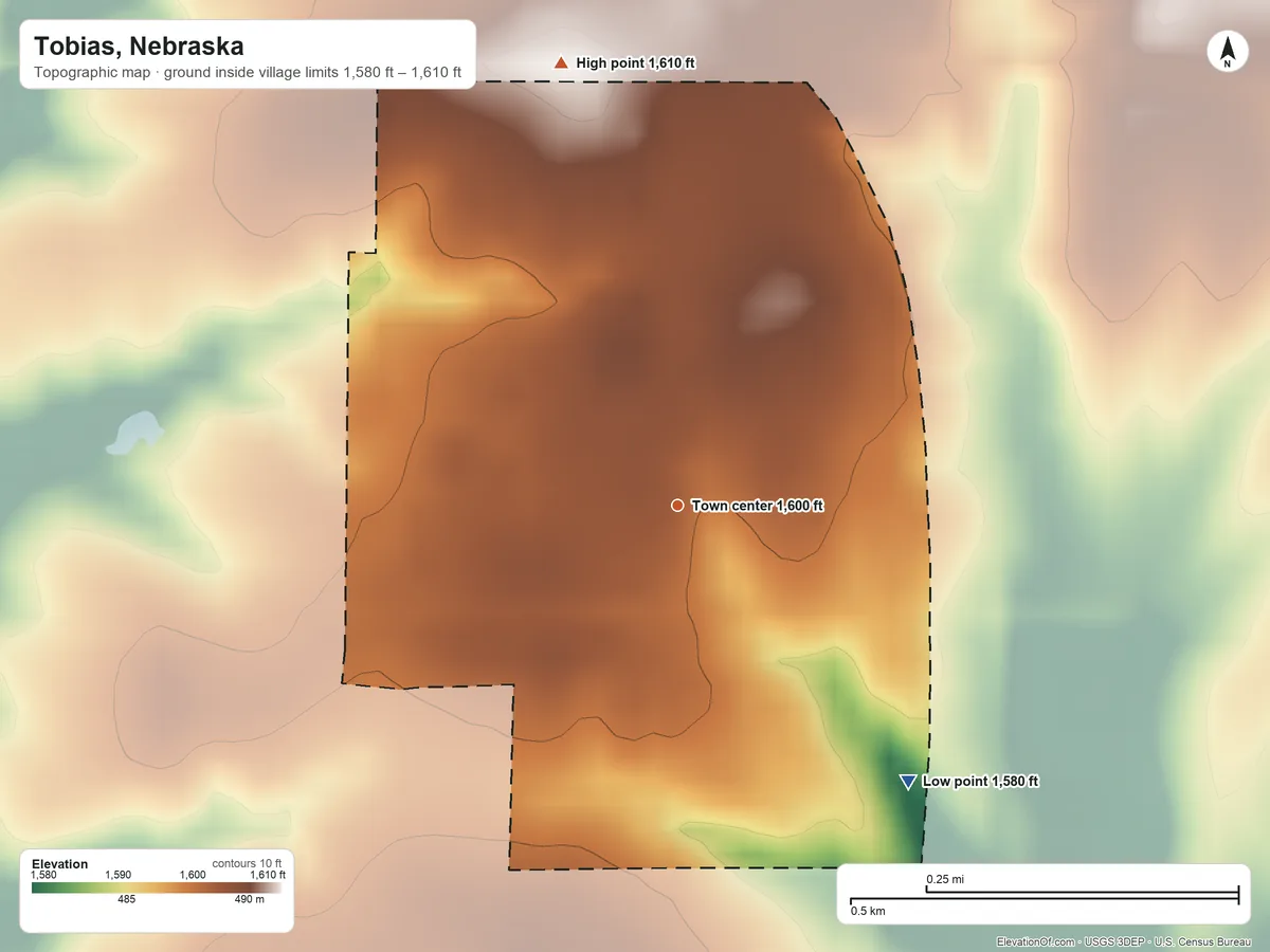 Topographic elevation map of Tobias, Nebraska, shaded from 1,580 ft on the southeast side to 1,610 ft on the north side