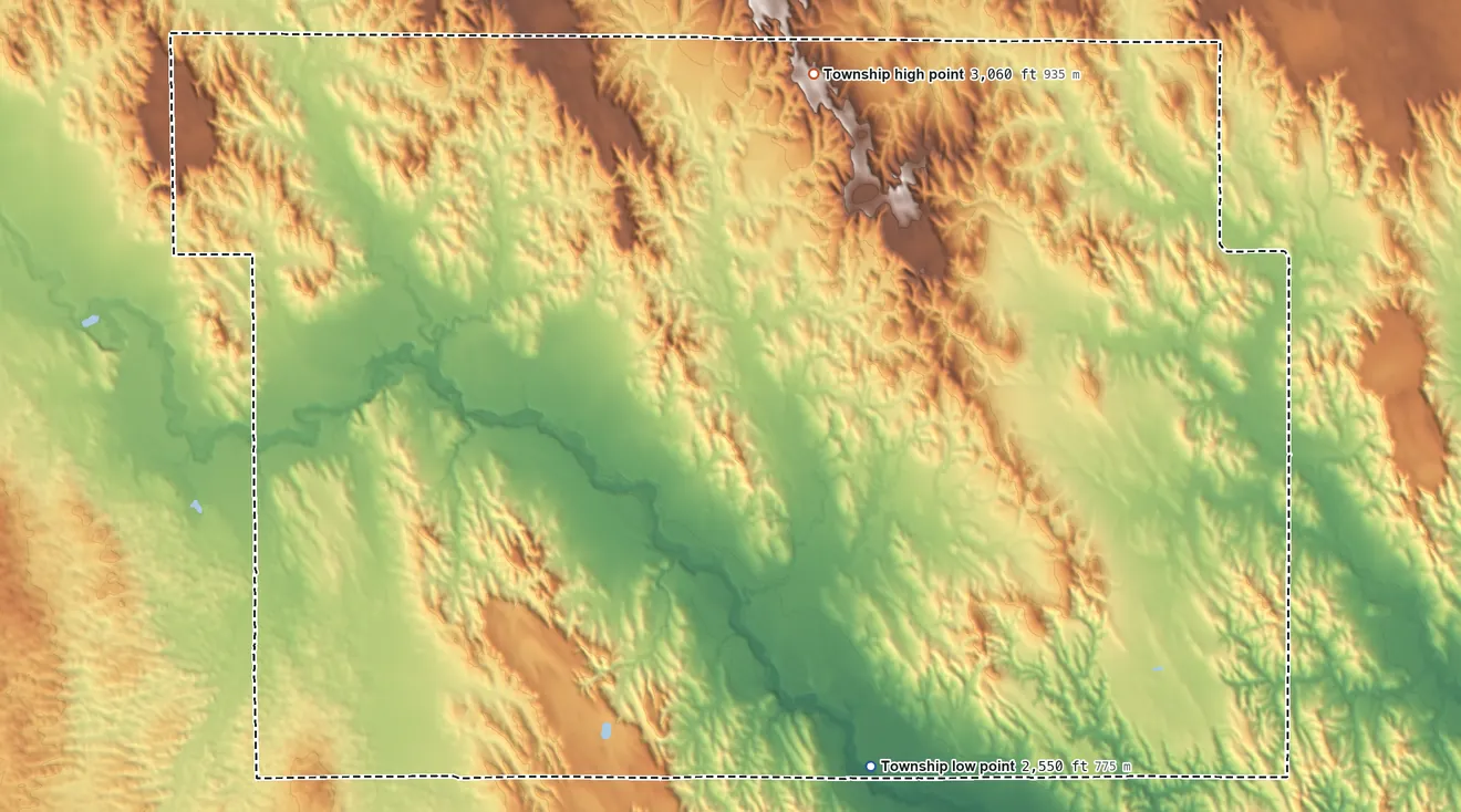 Topographic elevation map of Triumph Township, Nebraska, shaded from 2,550 ft on the south side to 3,060 ft on the north side