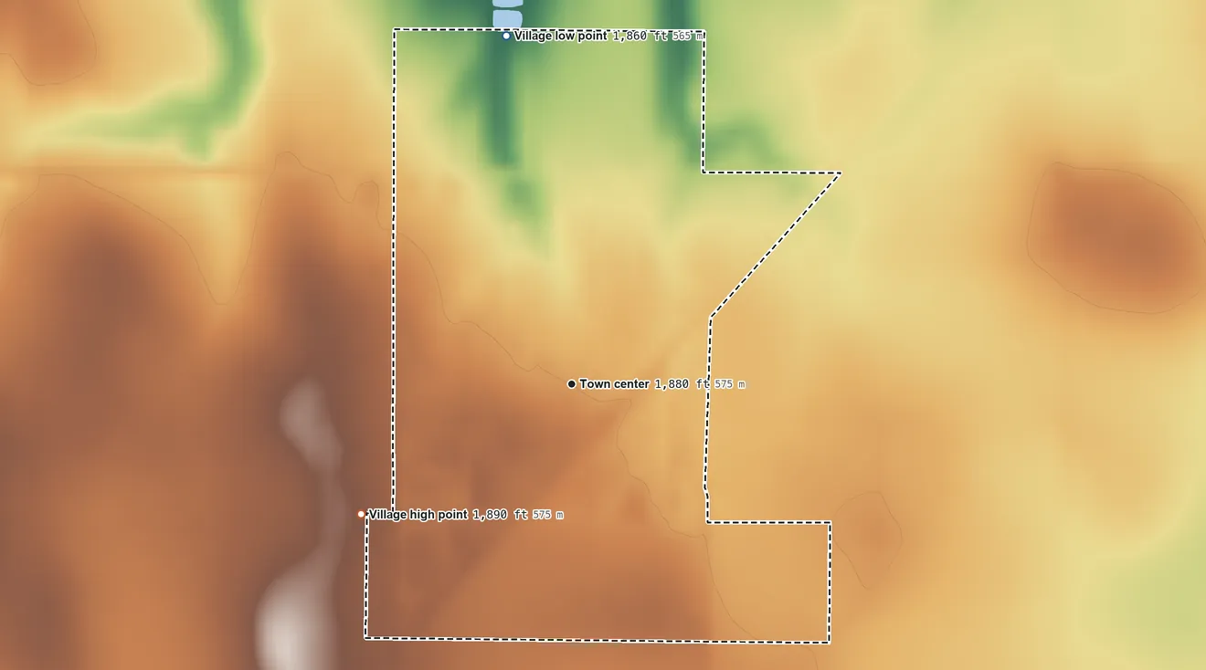 Topographic elevation map of Trumbull, Nebraska, shaded from 1,860 ft on the north side to 1,890 ft on the southwest side