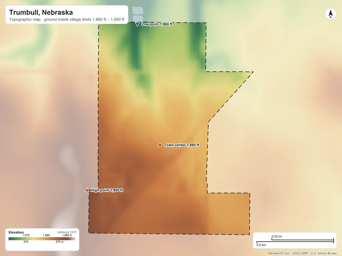 Topographic elevation map of Trumbull, Nebraska, shaded from 1,860 ft on the north side to 1,890 ft on the southwest side
