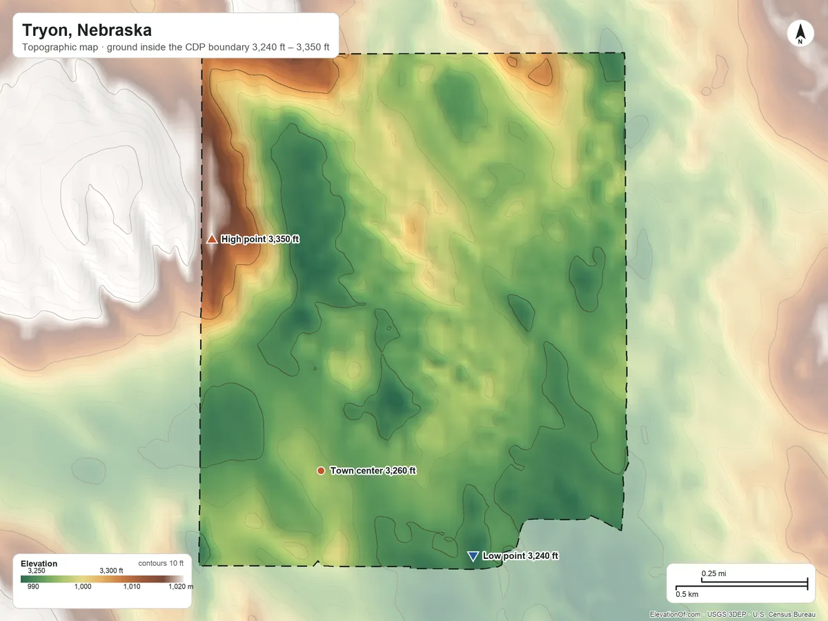 Topographic elevation map of Tryon, Nebraska, shaded from 3,240 ft on the southeast side to 3,350 ft on the northwest side