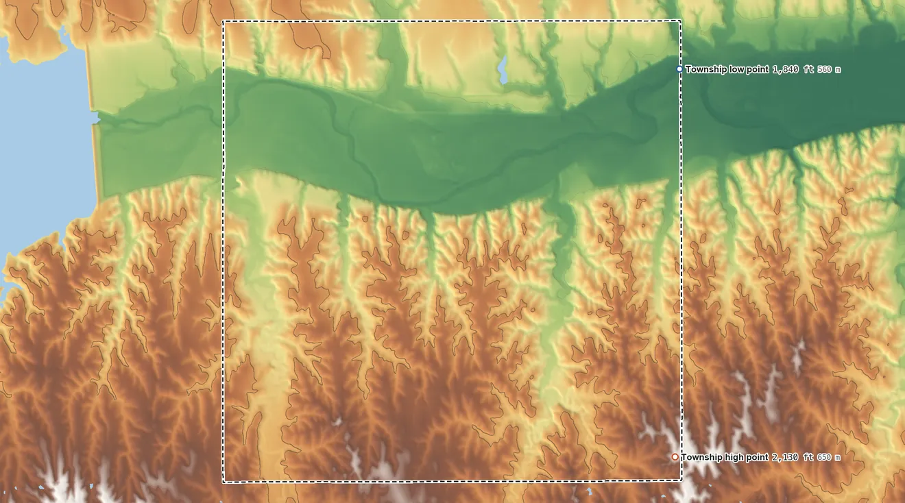 Topographic elevation map of Turkey Creek Township, Nebraska, shaded from 1,840 ft on the east side to 2,130 ft on the southeast side
