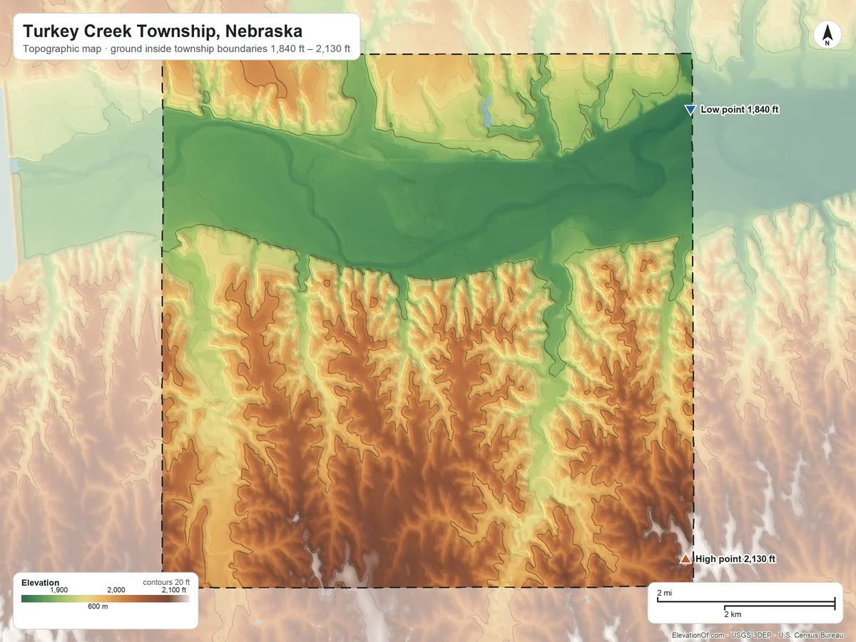 Topographic elevation map of Turkey Creek Township, Nebraska, shaded from 1,840 ft on the east side to 2,130 ft on the southeast side