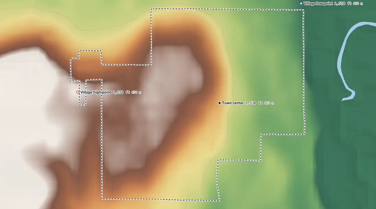 Topographic elevation map of Ulysses, Nebraska, shaded from 1,510 ft on the northeast side to 1,550 ft on the west side