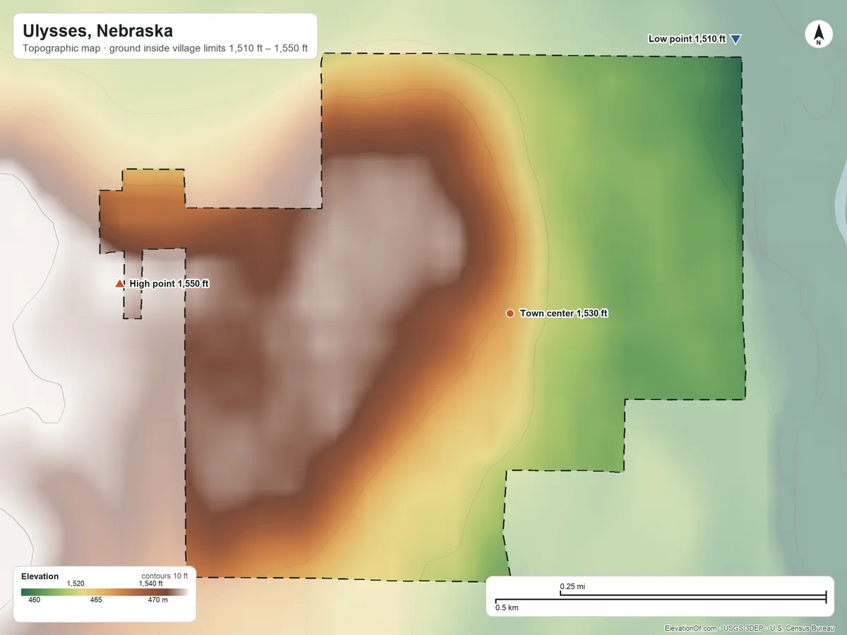 Topographic elevation map of Ulysses, Nebraska, shaded from 1,510 ft on the northeast side to 1,550 ft on the west side