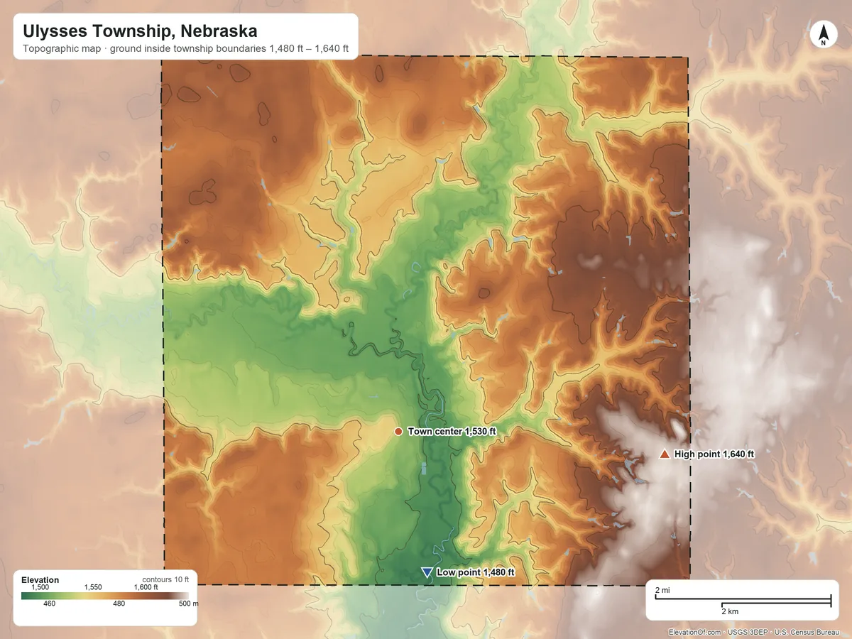 Topographic elevation map of Ulysses Township, Nebraska, shaded from 1,480 ft on the south side to 1,640 ft on the east side