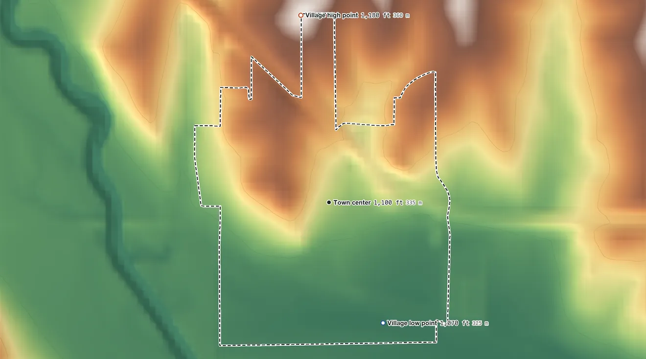 Topographic elevation map of Unadilla, Nebraska, shaded from 1,070 ft on the southeast side to 1,180 ft on the north side