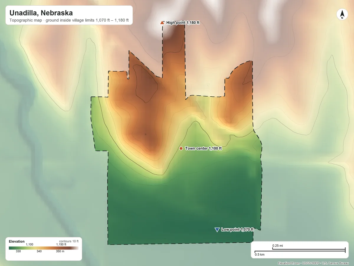 Topographic elevation map of Unadilla, Nebraska, shaded from 1,070 ft on the southeast side to 1,180 ft on the north side