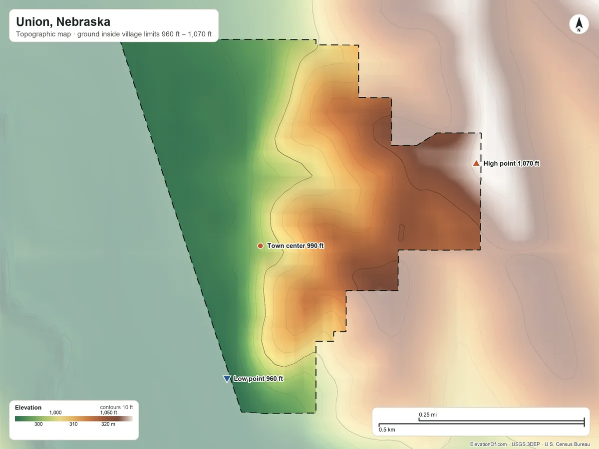 Topographic elevation map of Union, Nebraska, shaded from 960 ft on the south side to 1,070 ft on the east side