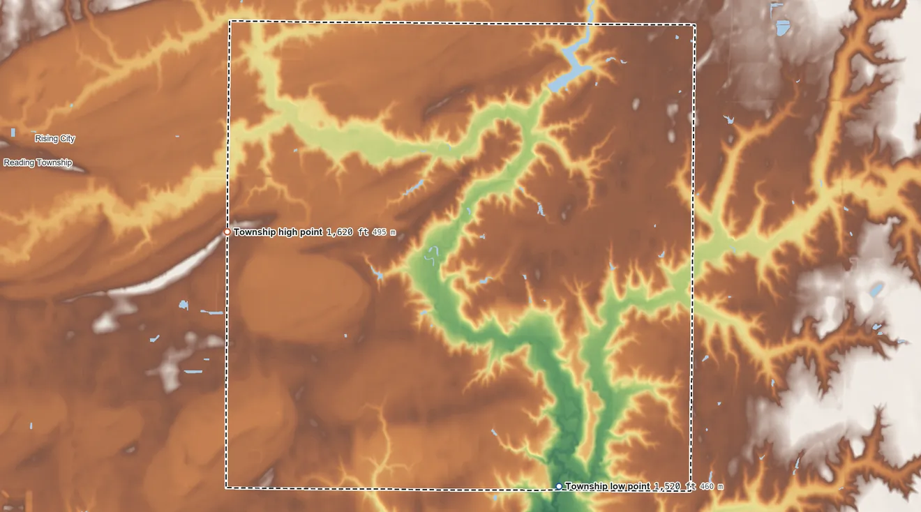 Topographic elevation map of Union Township, Butler County, Nebraska, shaded from 1,520 ft on the south side to 1,620 ft on the west side