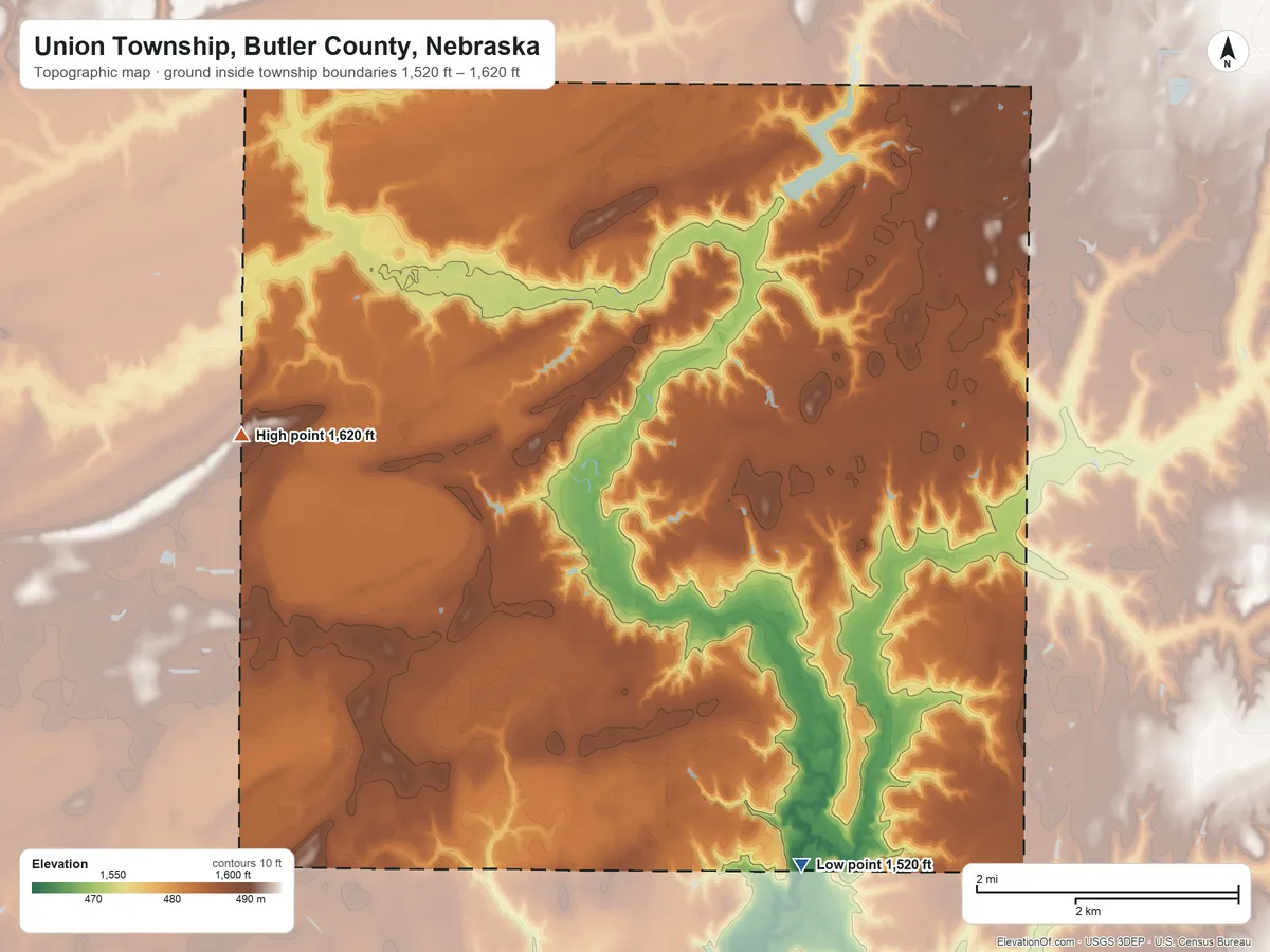 Topographic elevation map of Union Township, Butler County, Nebraska, shaded from 1,520 ft on the south side to 1,620 ft on the west side