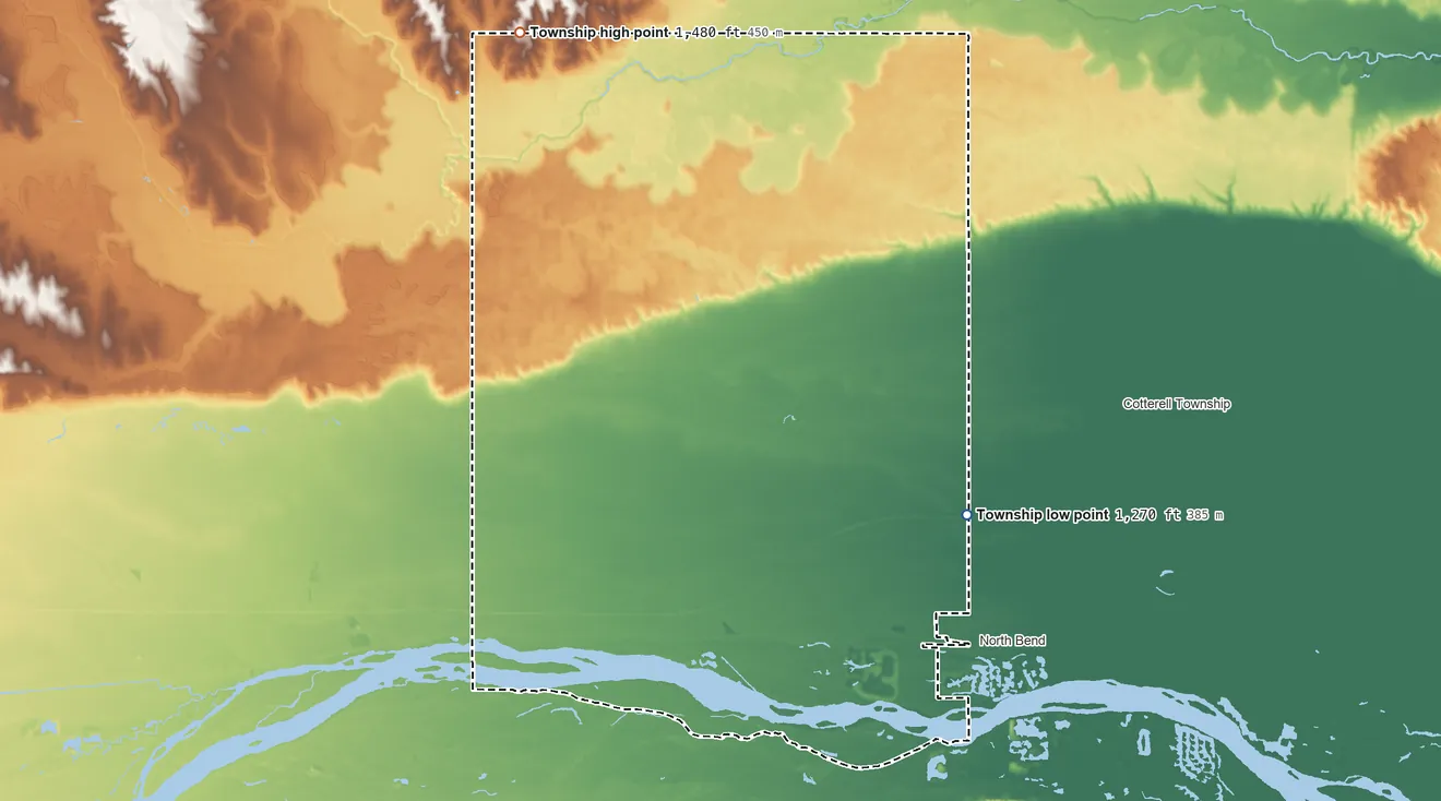 Topographic elevation map of Union Township, Dodge County, Nebraska, shaded from 1,270 ft on the east side to 1,480 ft on the northwest side