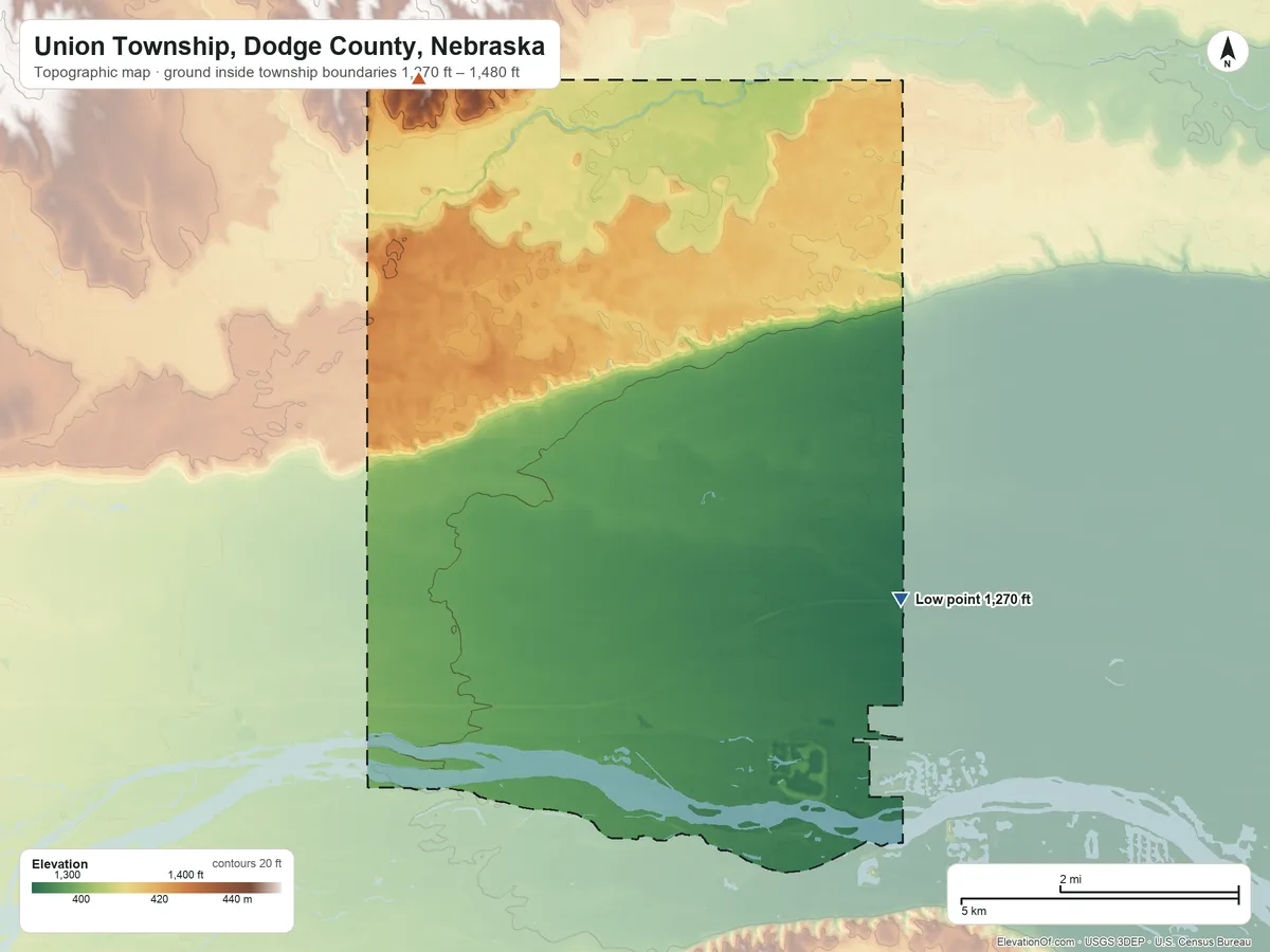 Topographic elevation map of Union Township, Dodge County, Nebraska, shaded from 1,270 ft on the east side to 1,480 ft on the northwest side