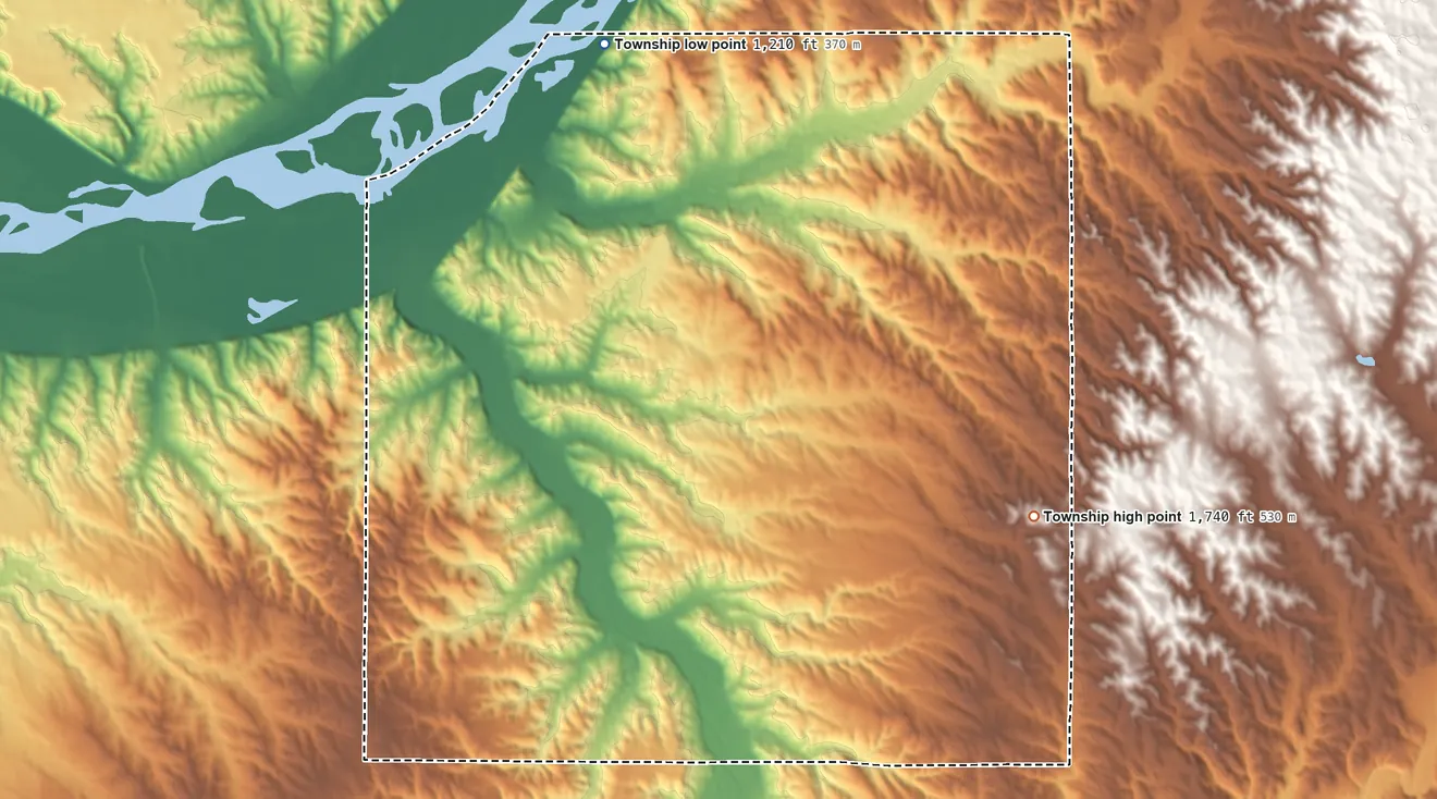 Topographic elevation map of Union Township, Knox County, Nebraska, shaded from 1,210 ft on the northwest side to 1,740 ft on the southeast side
