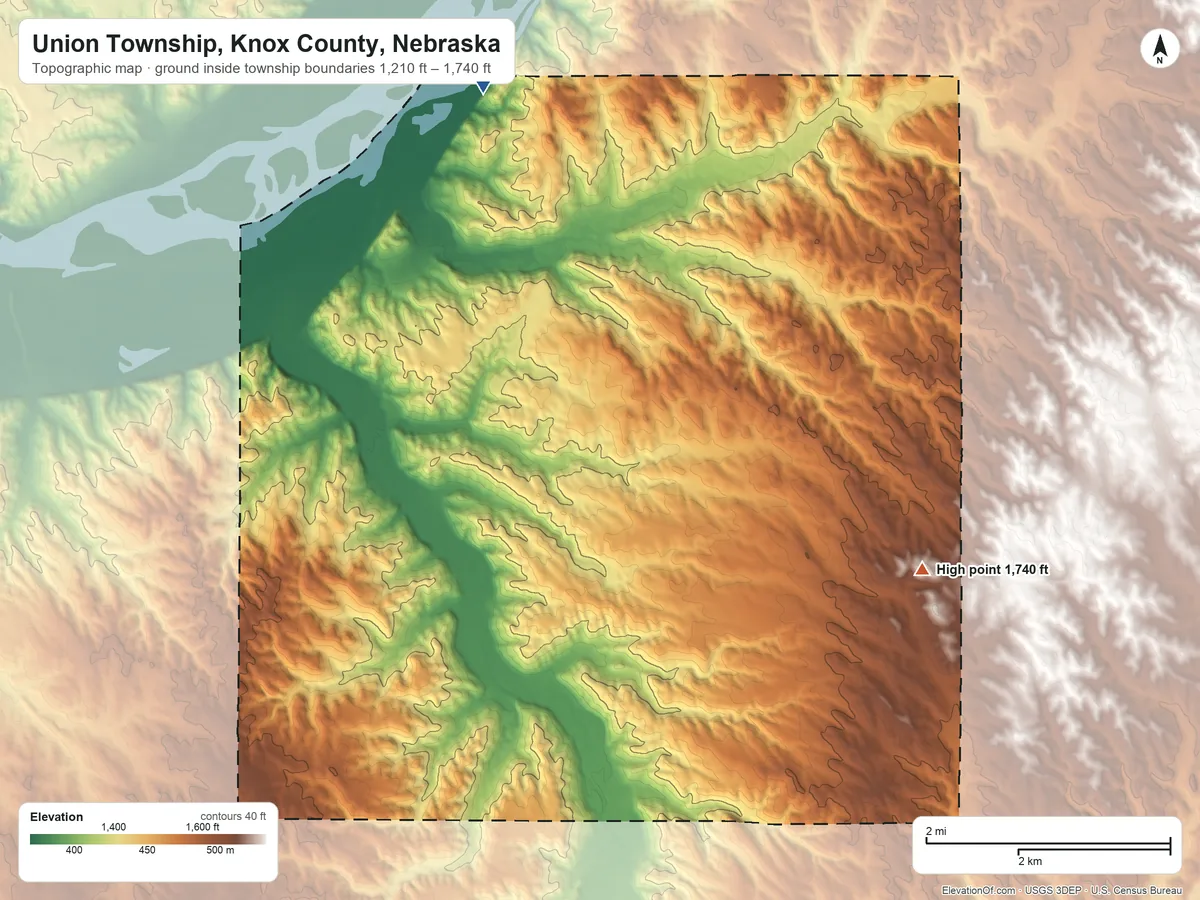Topographic elevation map of Union Township, Knox County, Nebraska, shaded from 1,210 ft on the northwest side to 1,740 ft on the southeast side