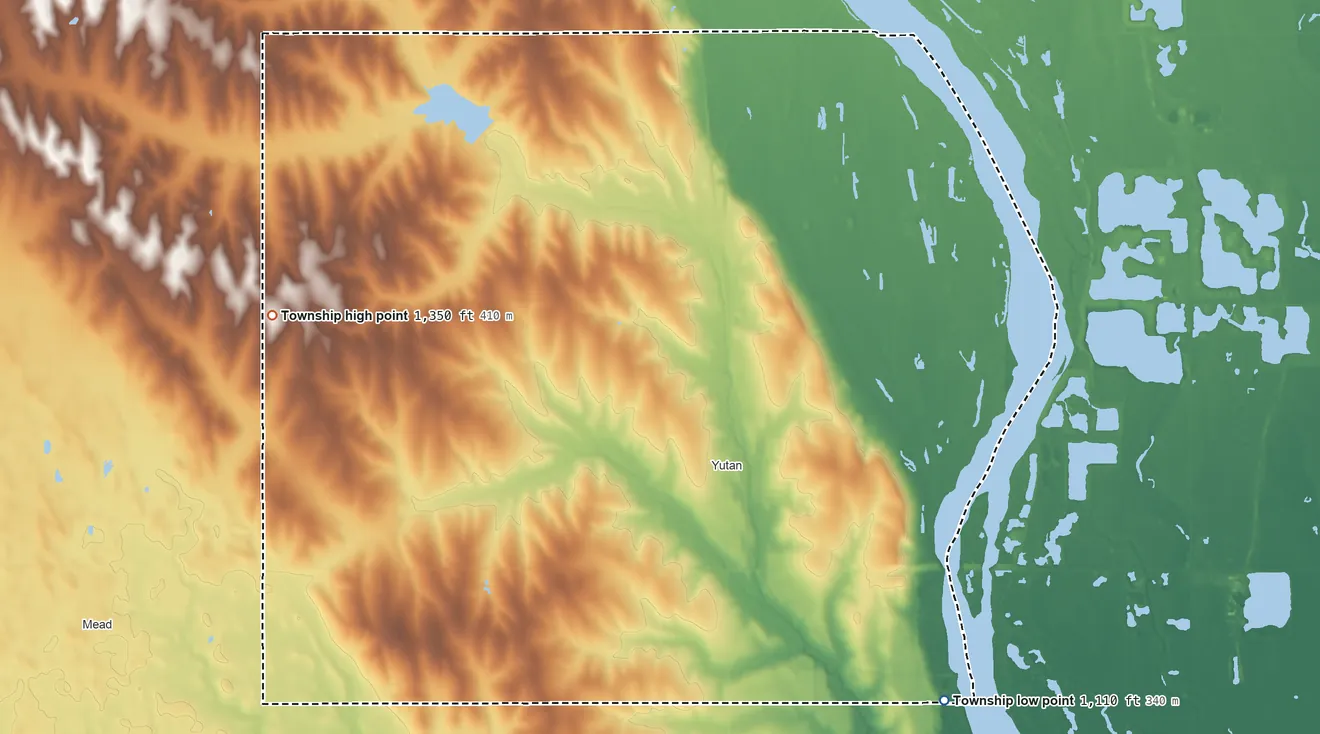 Topographic elevation map of Union Township, Nebraska, shaded from 1,110 ft on the southeast side to 1,350 ft on the west side