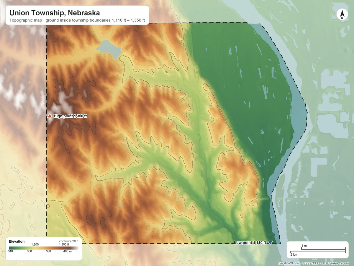 Topographic elevation map of Union Township, Nebraska, shaded from 1,110 ft on the southeast side to 1,350 ft on the west side