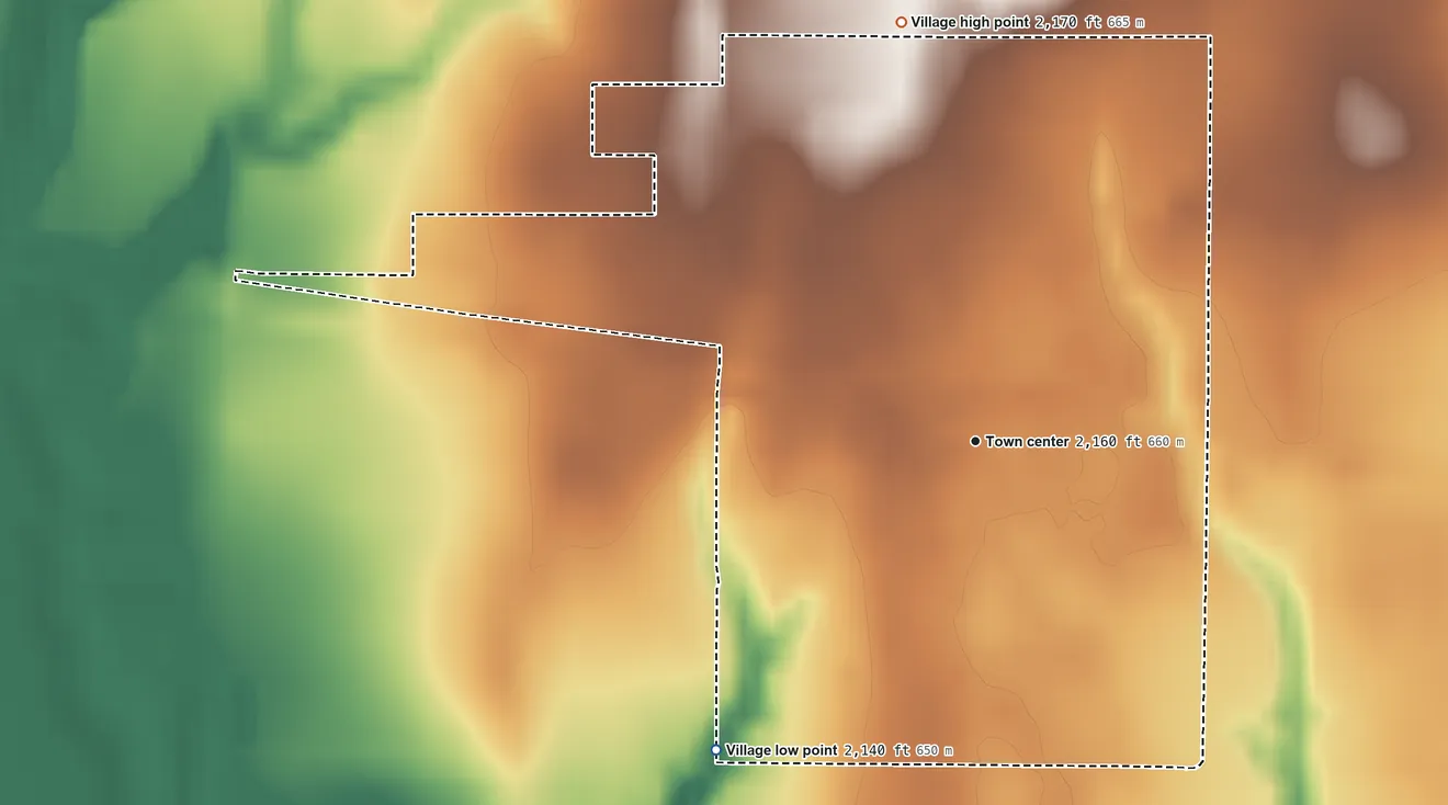 Topographic elevation map of Upland, Nebraska, shaded from 2,140 ft on the southwest side to 2,170 ft on the north side