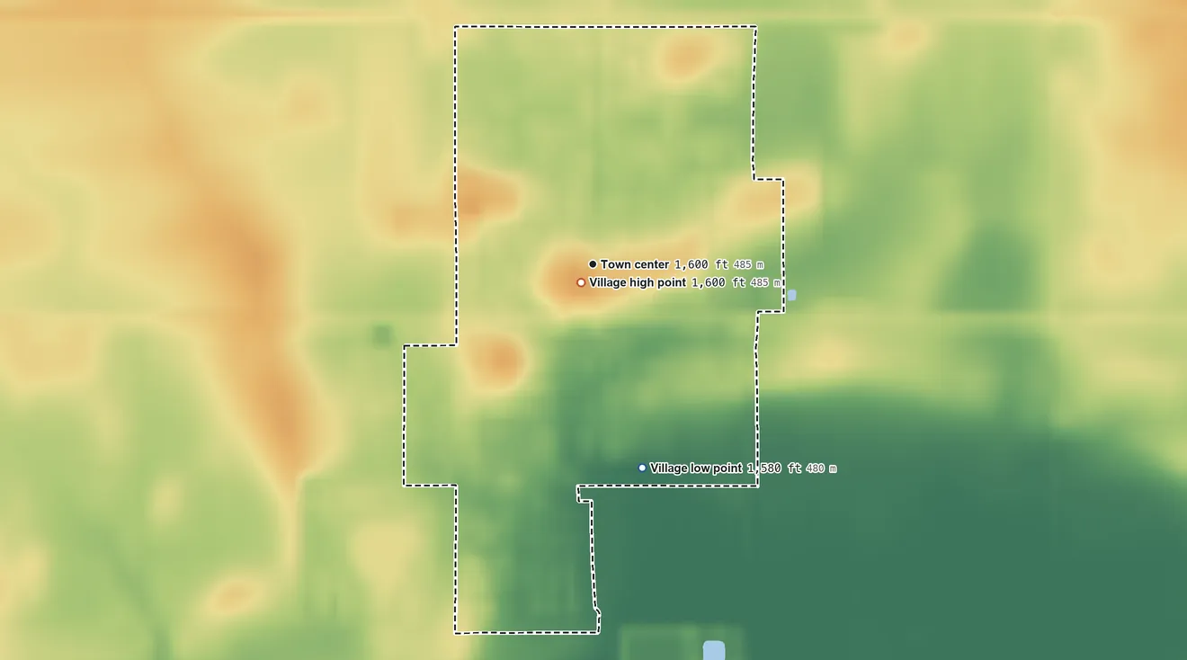 Topographic elevation map of Utica, Nebraska, shaded from 1,580 ft on the south side to 1,600 ft near the middle