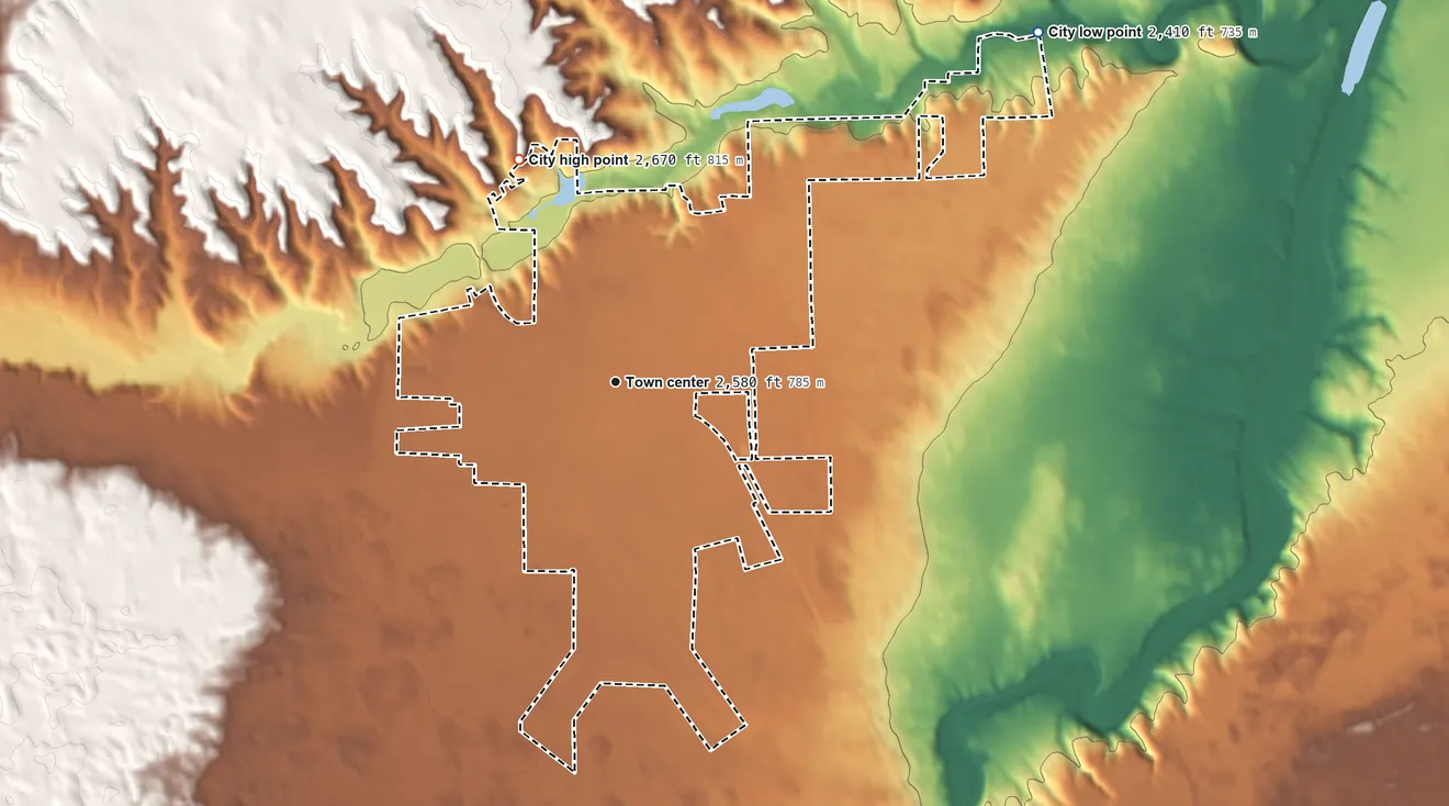 Topographic elevation map of Valentine, Nebraska, shaded from 2,410 ft on the northeast side to 2,670 ft on the northwest side