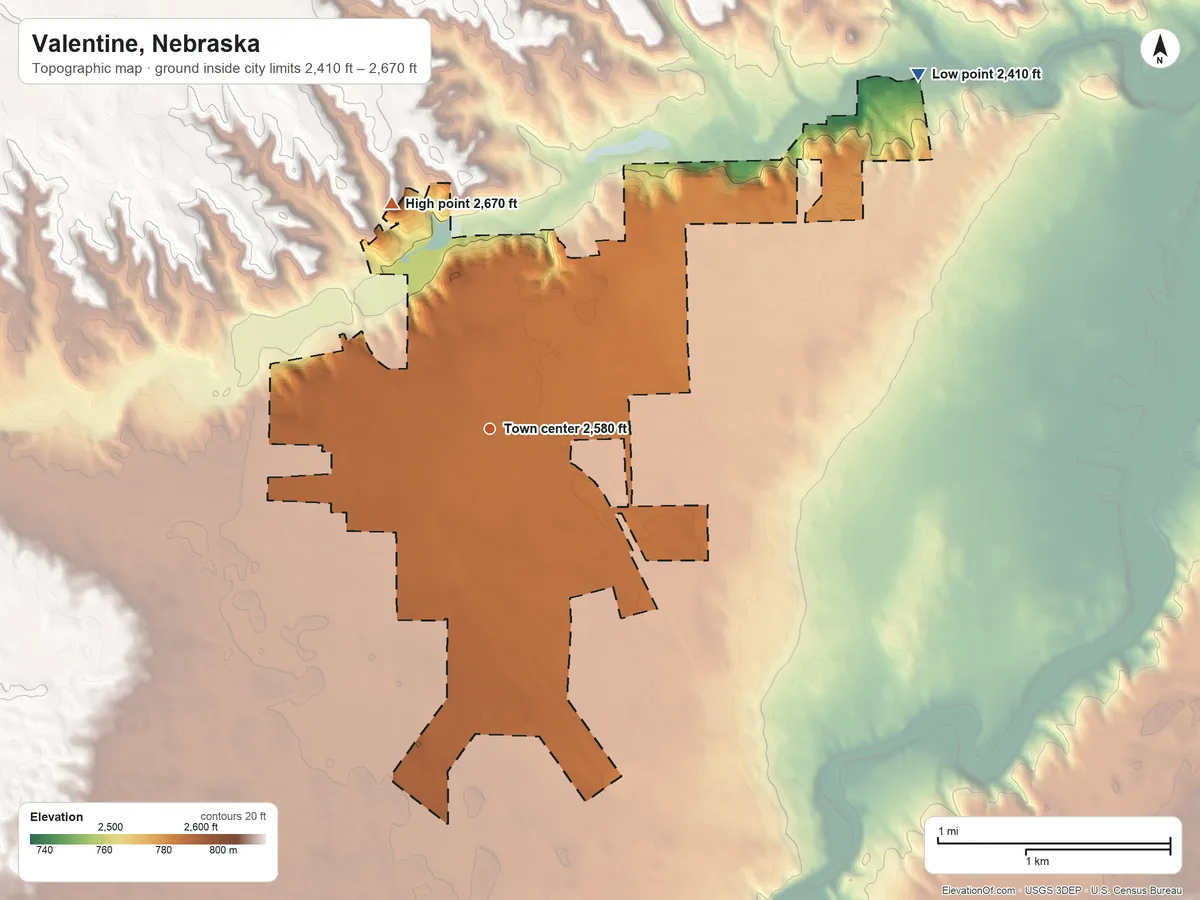 Topographic elevation map of Valentine, Nebraska, shaded from 2,410 ft on the northeast side to 2,670 ft on the northwest side
