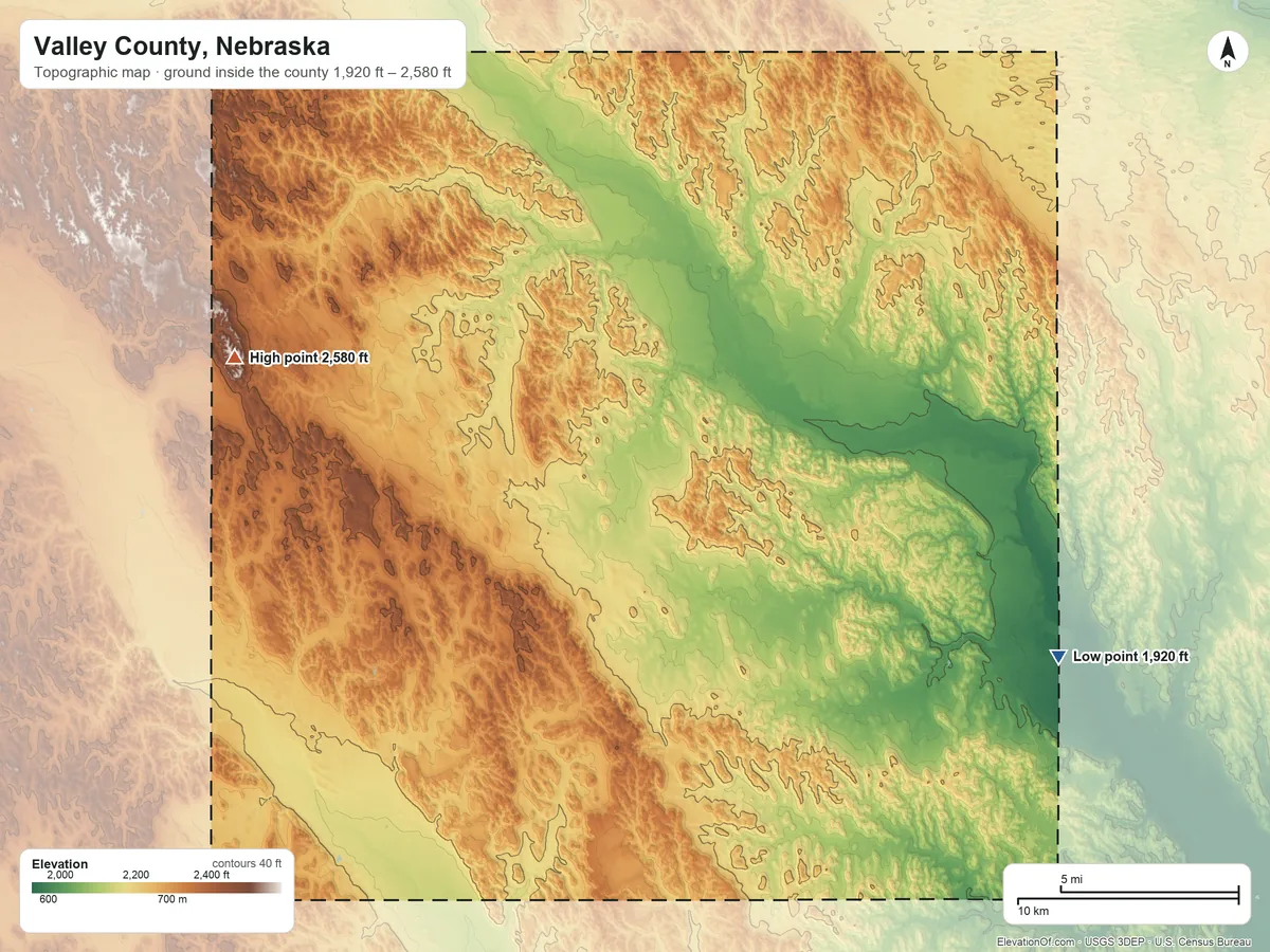 Topographic elevation map of Valley County, Nebraska, shaded from 1,920 ft on the southeast side to 2,580 ft on the west side