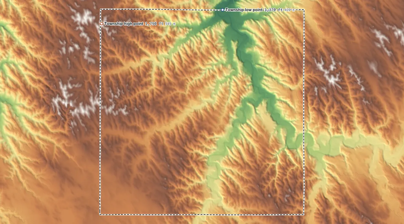 Topographic elevation map of Valley Township, Nebraska, shaded from 1,370 ft on the north side to 1,790 ft on the northwest side