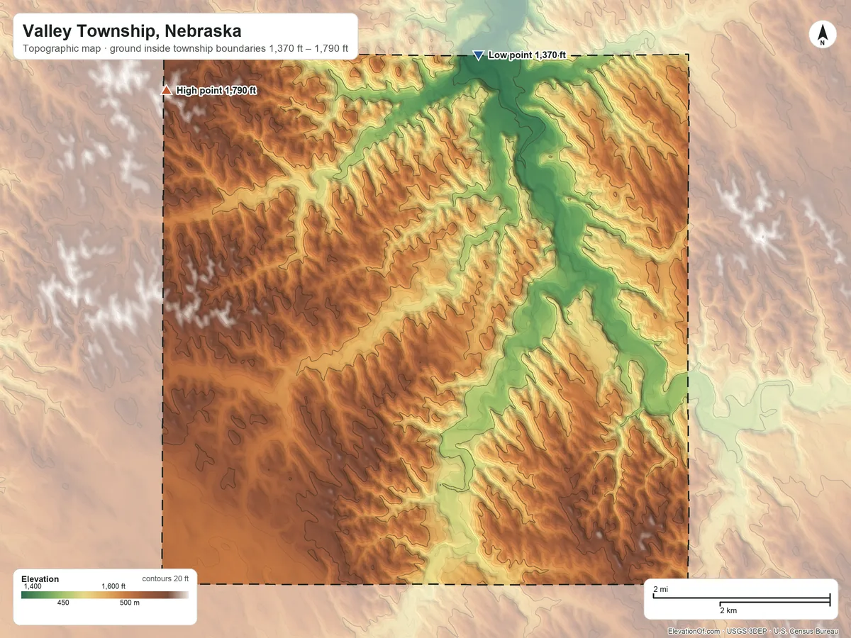 Topographic elevation map of Valley Township, Nebraska, shaded from 1,370 ft on the north side to 1,790 ft on the northwest side