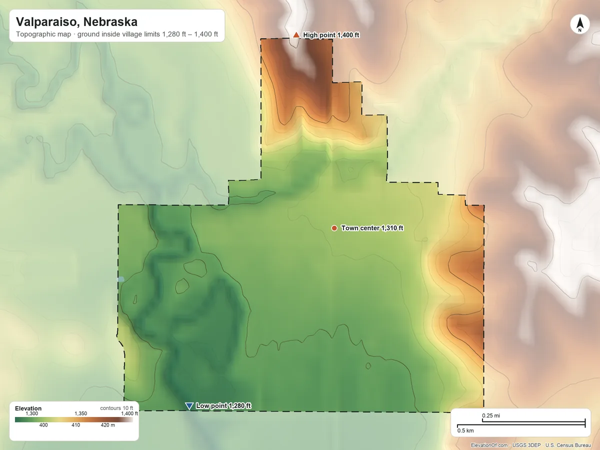Topographic elevation map of Valparaiso, Nebraska, shaded from 1,280 ft on the southwest side to 1,400 ft on the north side