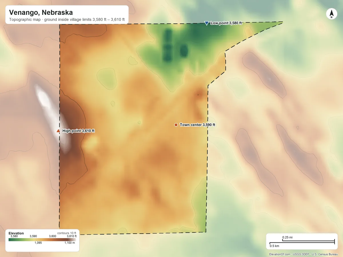 Topographic elevation map of Venango, Nebraska, shaded from 3,580 ft on the north side to 3,610 ft on the west side