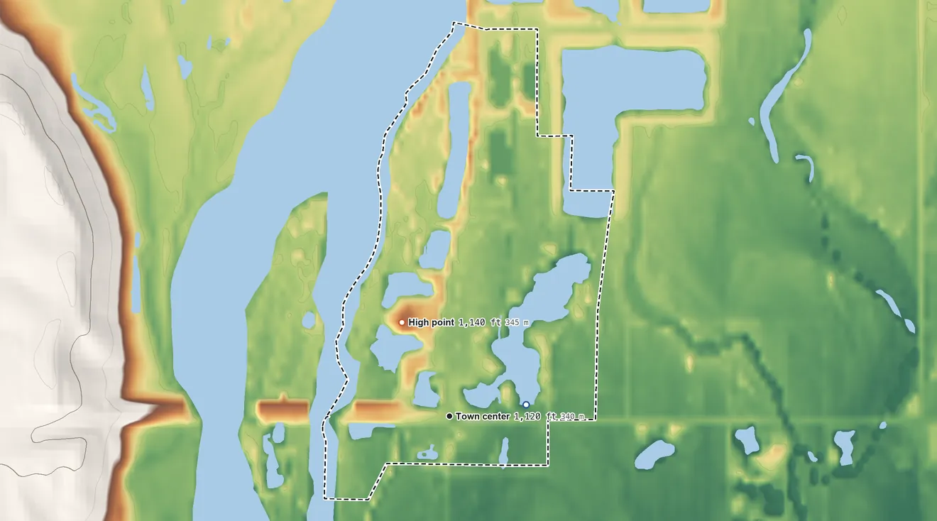 Topographic elevation map of Venice, Nebraska, shaded from 1,110 ft on the east side to 1,140 ft on the northwest side